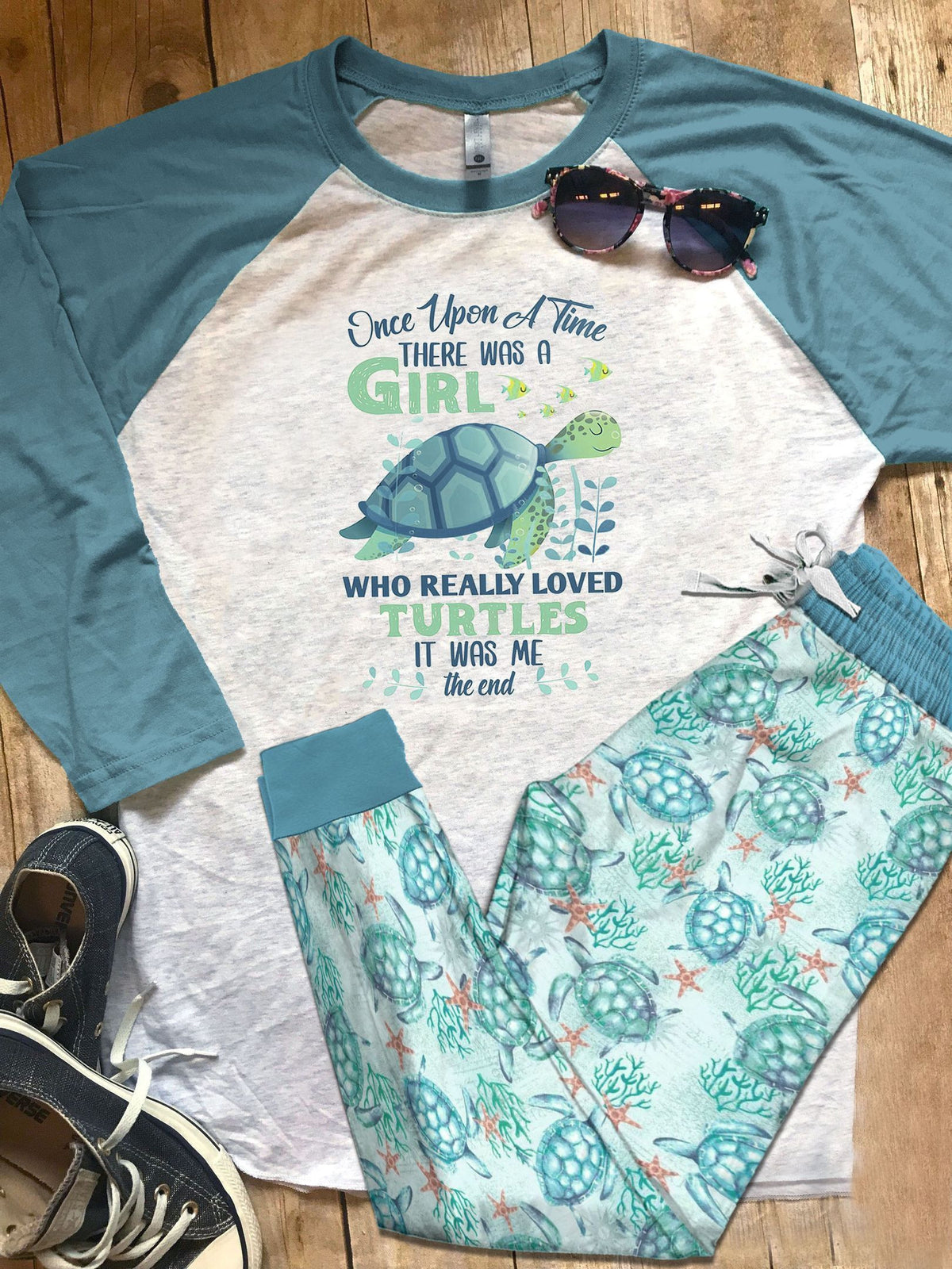 Sea Turtle Just Girl Pajama Set |Sleepwear Pjs Sets | Raglan Shirt Pants Set