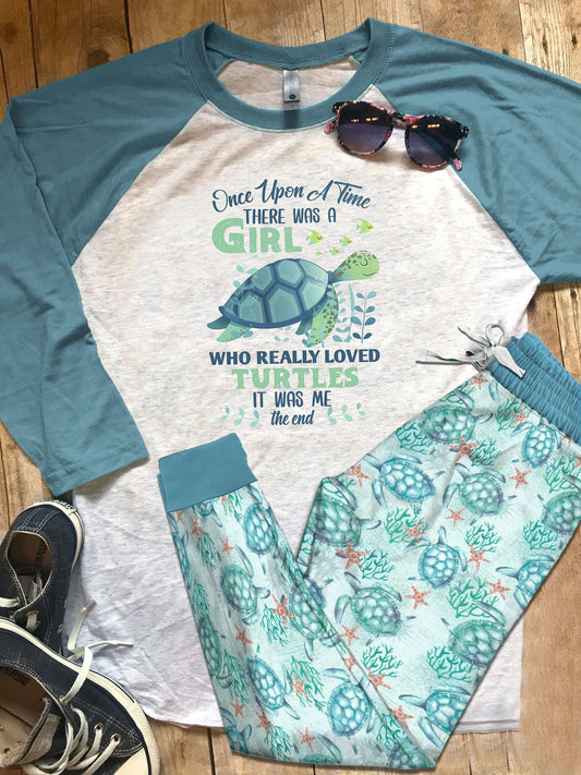 Sea Turtle Just Girl Pajama Set |Sleepwear Pjs Sets | Raglan Shirt Pants Set