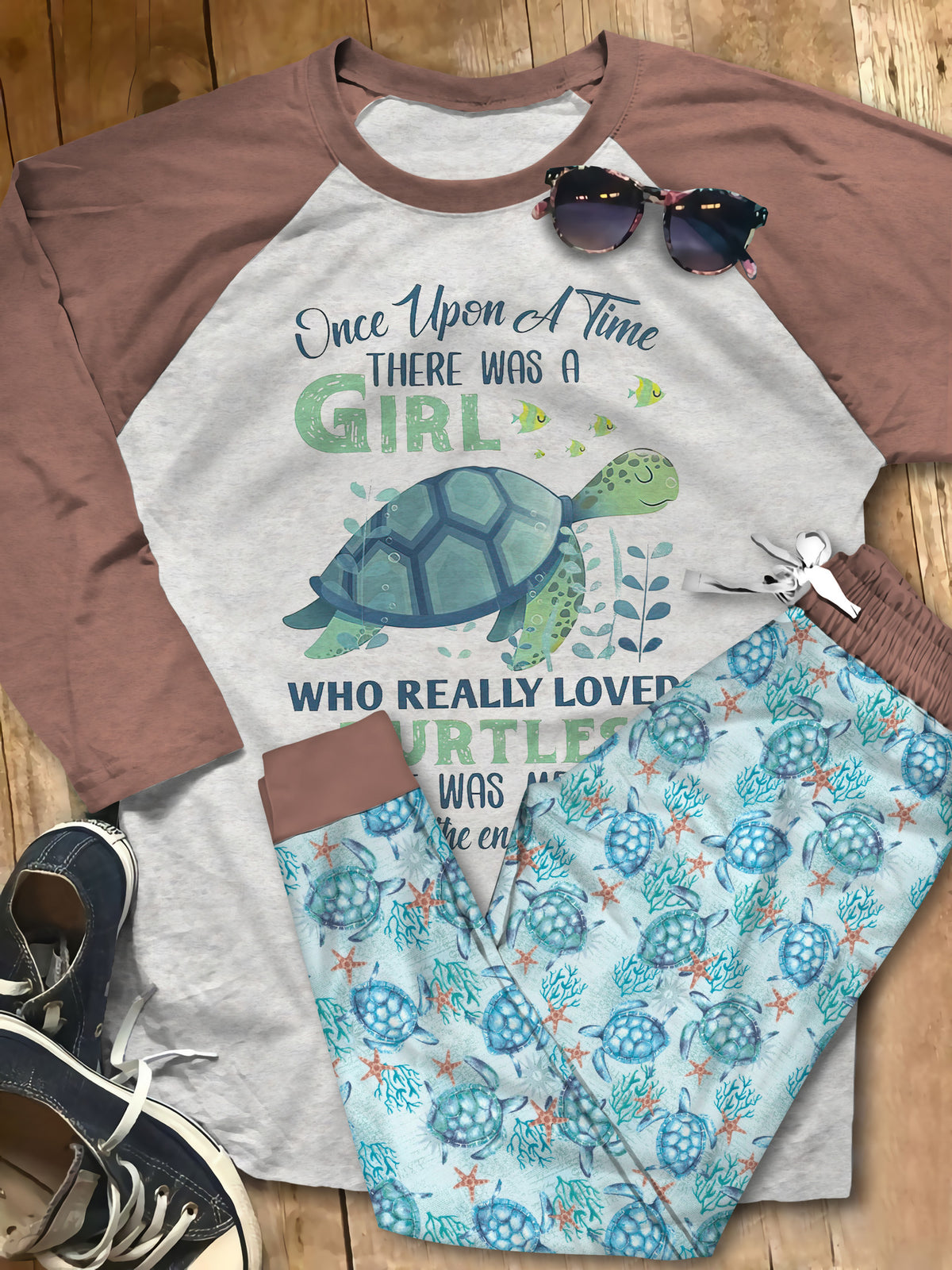Sea Turtle Just Girl Pajama Set |Sleepwear Pjs Sets | Raglan Shirt Pants Set