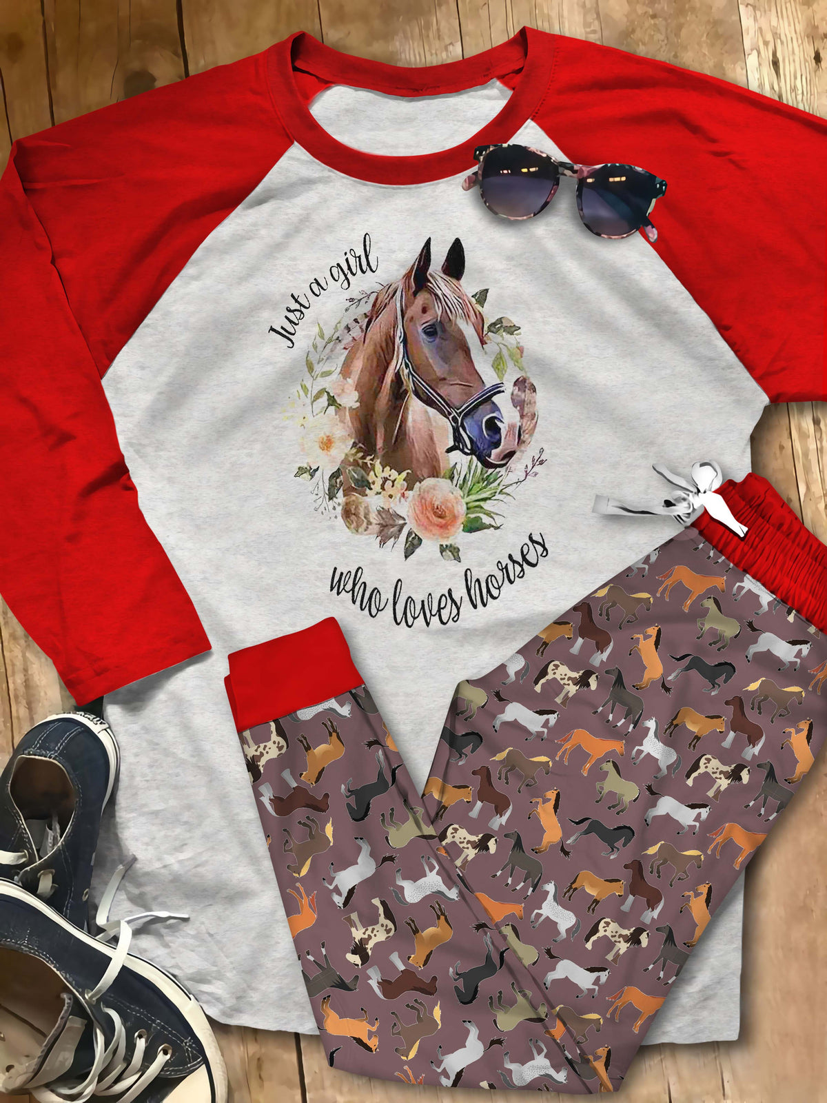 Horse Just A Girl Who Loves Horses Abk Pajama Set |Sleepwear Pjs Sets | Raglan Shirt Pants Set