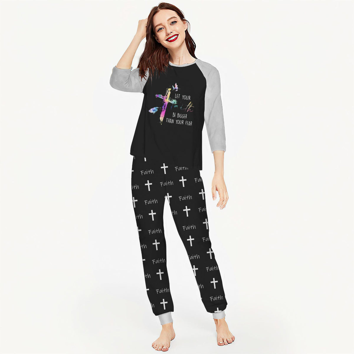 Faith Let Your Faith Bigger Than Your Fear Abh Pajama Set |Sleepwear Pjs Sets | Raglan Shirt Pants Set