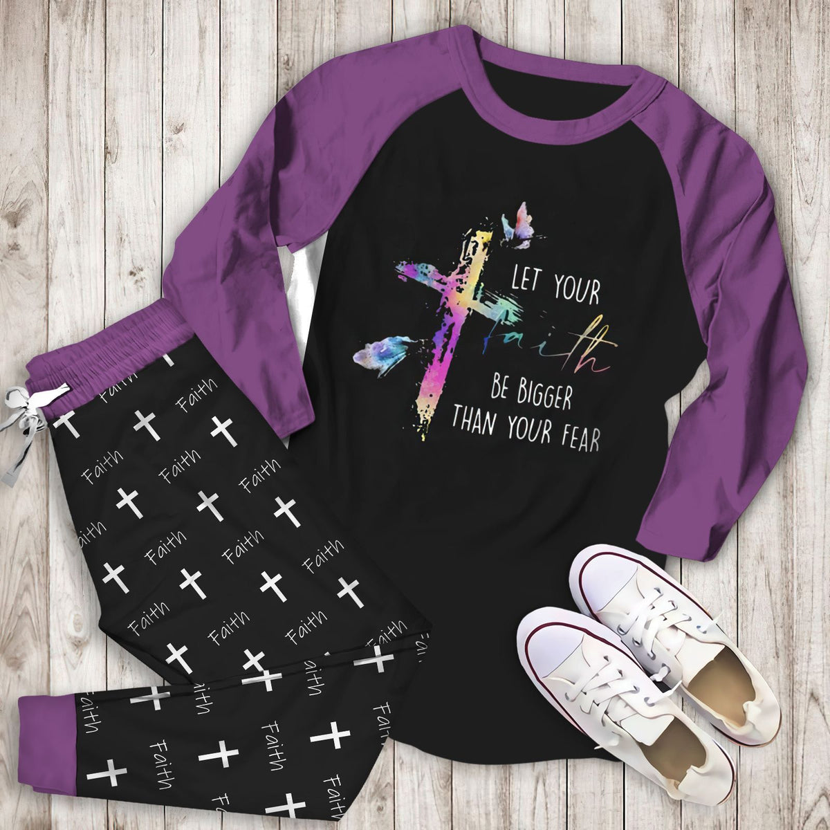 Faith Let Your Faith Bigger Than Your Fear Abh Pajama Set |Sleepwear Pjs Sets | Raglan Shirt Pants Set