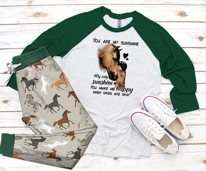 Horse Green Nice Pajama Set |Sleepwear Pjs Sets | Raglan Shirt Pants Set