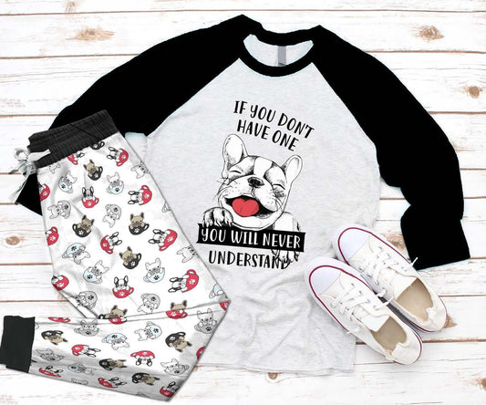 French Bulldog Frenchie Friend Abb Pajama Set |Sleepwear Pjs Sets | Raglan Shirt Pants Set