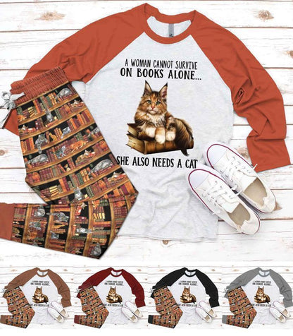Reading Cat Orange Unique Pajama Set |Sleepwear Pjs Sets | Raglan Shirt Pants Set