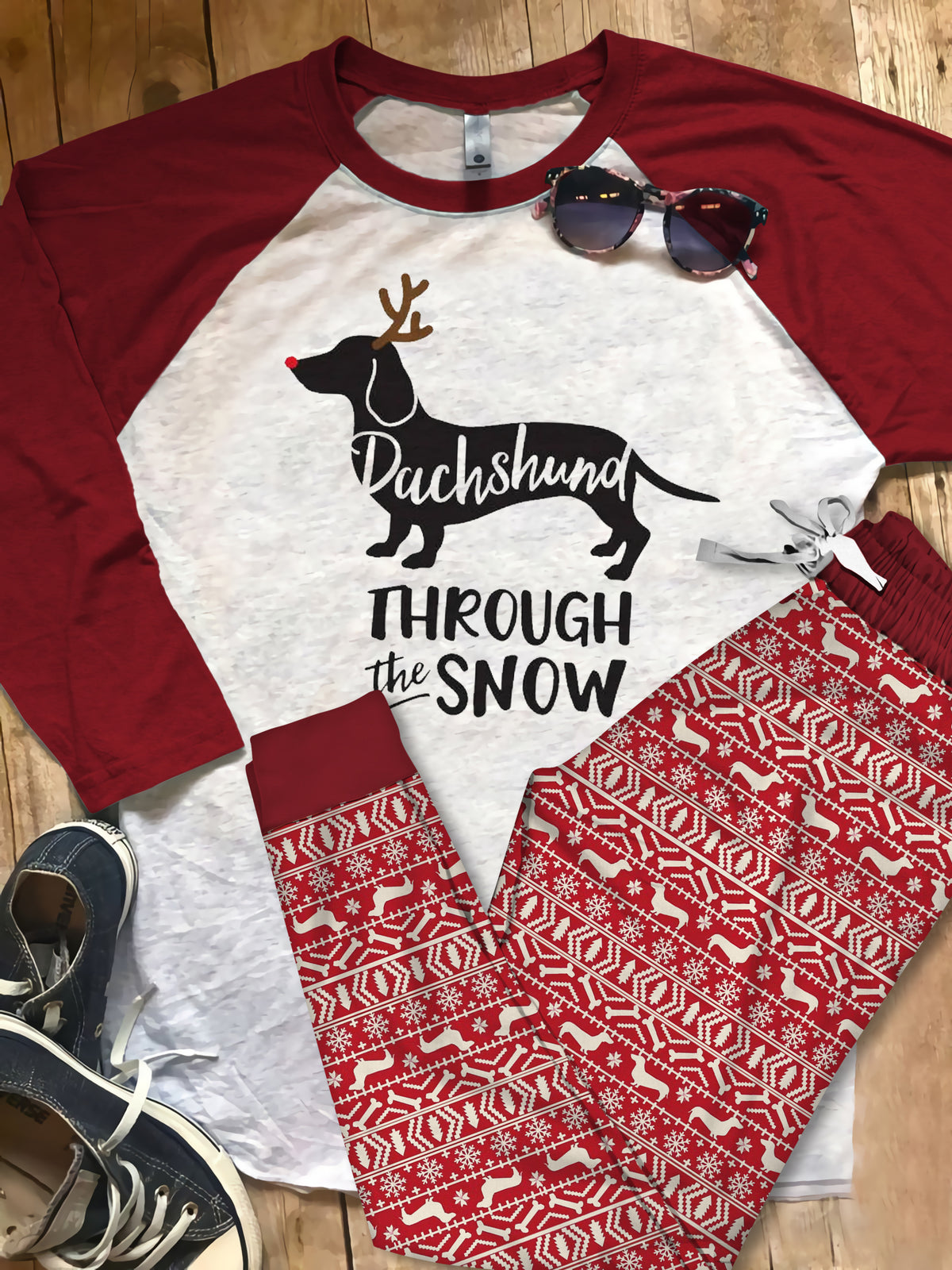 Dachshund Through The Snow Pajama Set |Sleepwear Pjs Sets | Raglan Shirt Pants Set