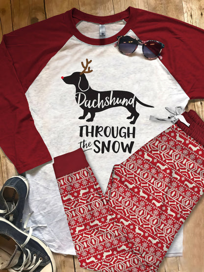 Dachshund Through The Snow Pajama Set |Sleepwear Pjs Sets | Raglan Shirt Pants Set