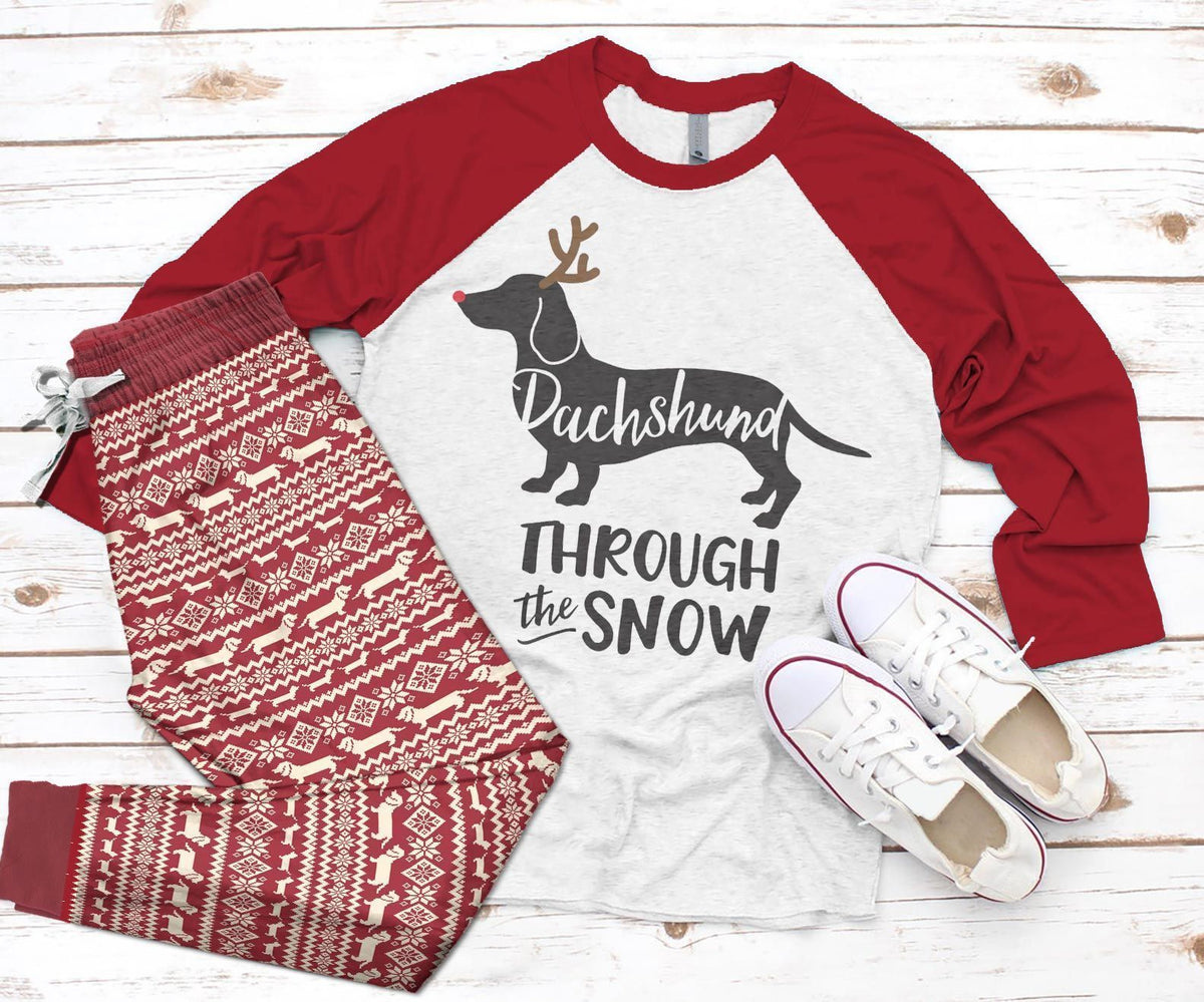 Dachshund Through The Snow Pajama Set |Sleepwear Pjs Sets | Raglan Shirt Pants Set