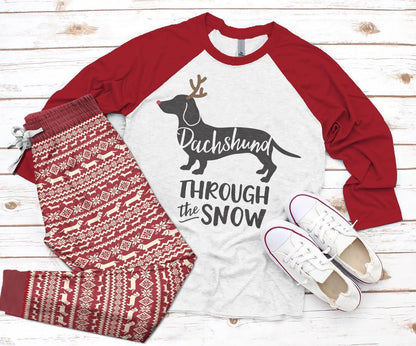 Dachshund Through The Snow Pajama Set |Sleepwear Pjs Sets | Raglan Shirt Pants Set