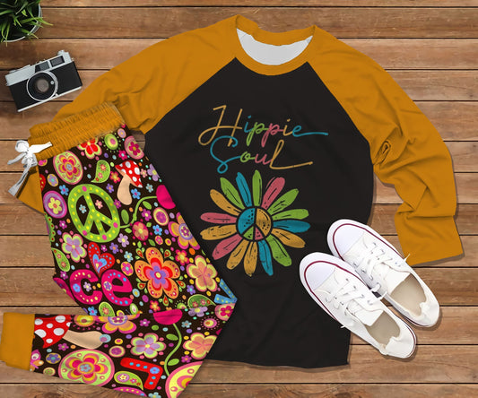Hippie Color Soul Pajama Set |Sleepwear Pjs Sets | Raglan Shirt Pants Set