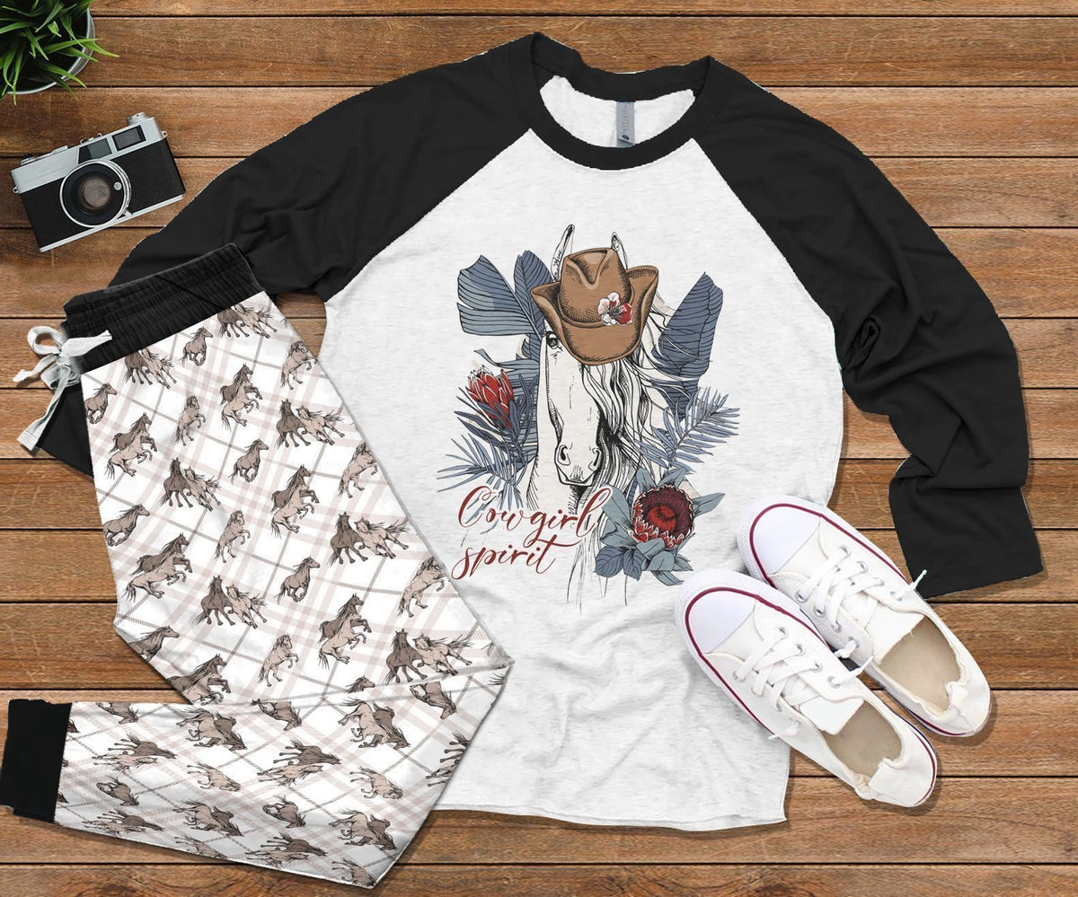Cowgirl Spirit Black Unique Pajama Set |Sleepwear Pjs Sets | Raglan Shirt Pants Set