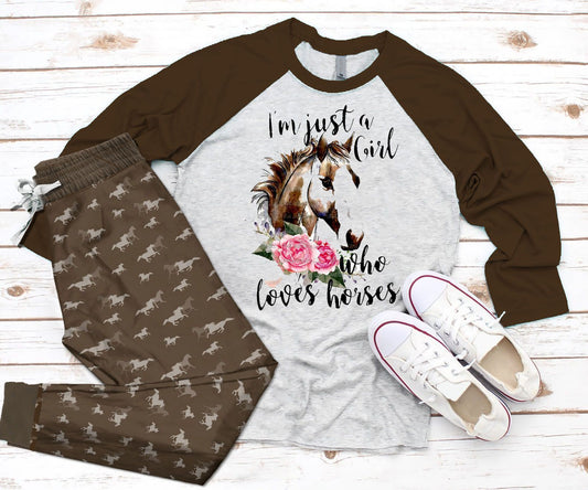 Horse Just A Girl Loves Horse Brown Nice Pajama Set |Sleepwear Pjs Sets | Raglan Shirt Pants Set