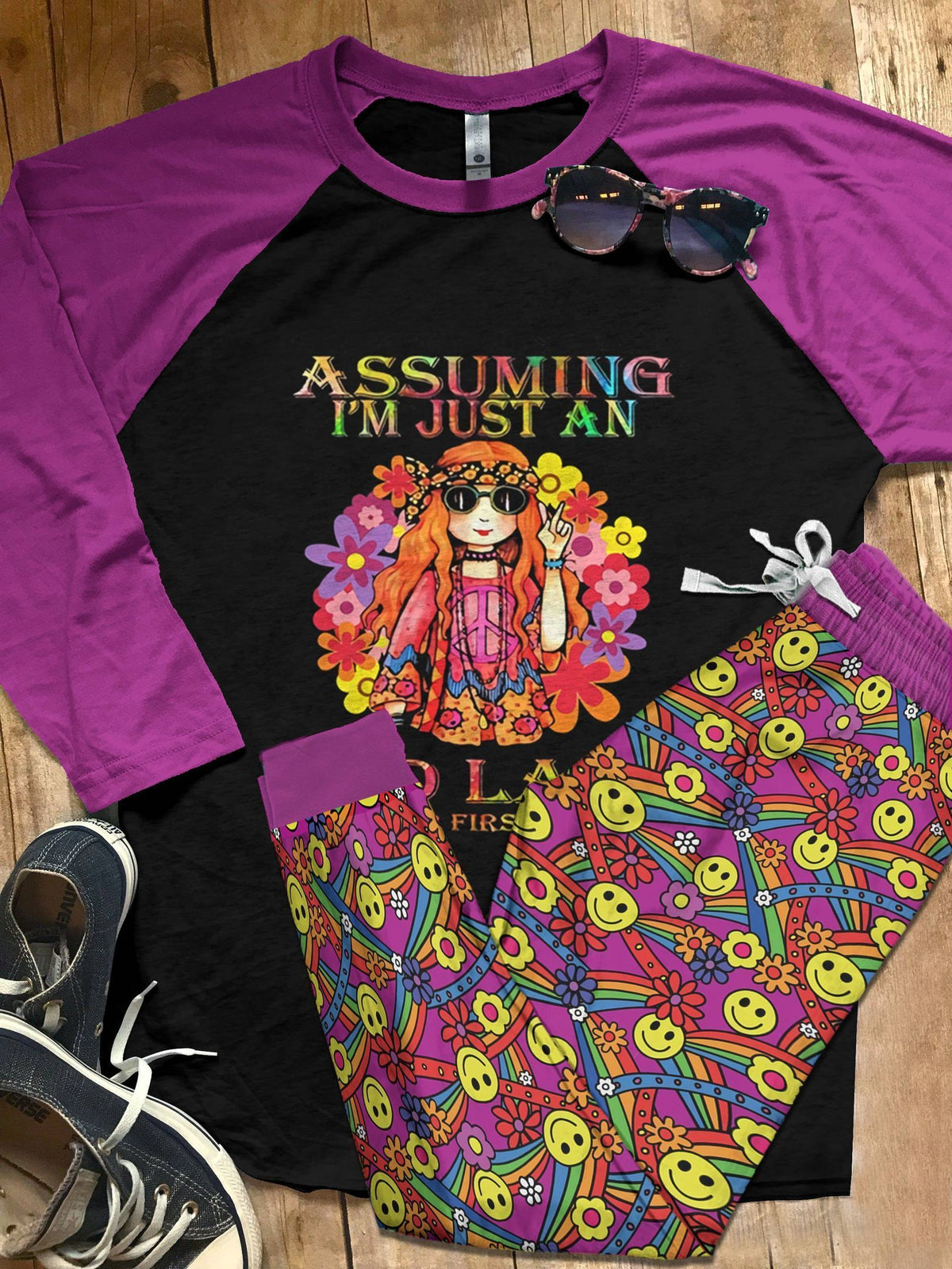 Hippie Set Hippie Lady Pajama Set |Sleepwear Pjs Sets | Raglan Shirt Pants Set