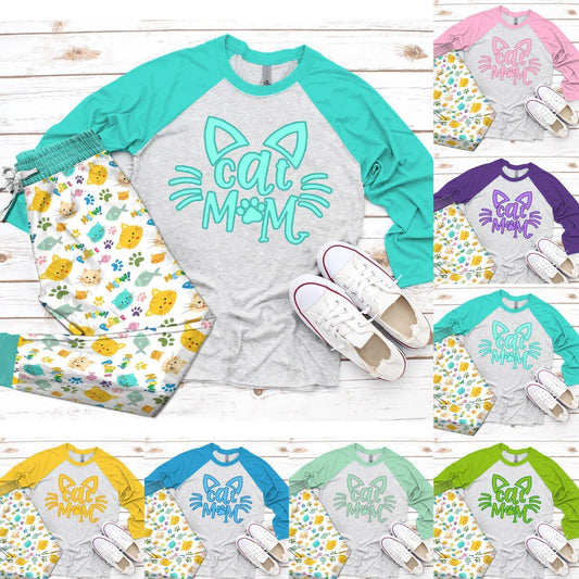 Cat I'M Cat Mom Pajama Set |Sleepwear Pjs Sets | Raglan Shirt Pants Set