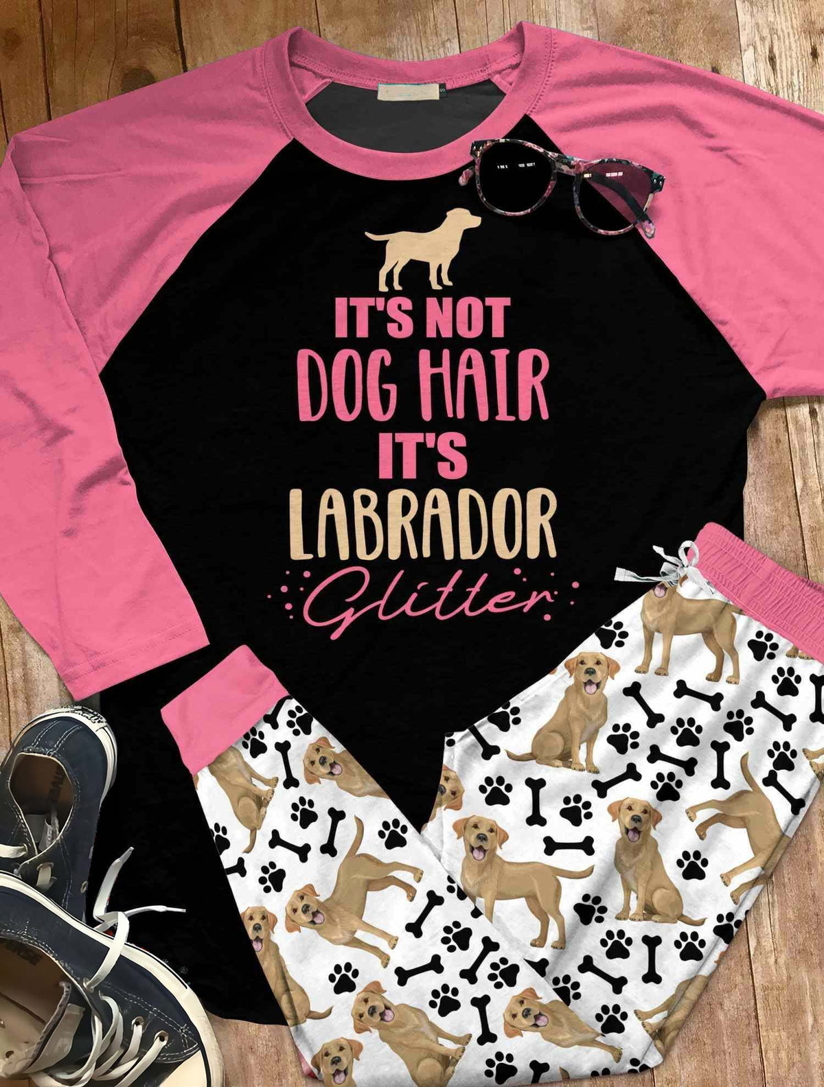 Labrador Set Yellow Labrador Glitter Pajama Set |Sleepwear Pjs Sets | Raglan Shirt Pants Set