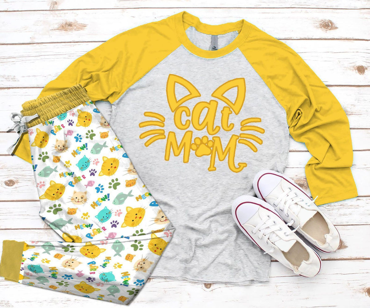 Cat I'M Cat Mom Pajama Set |Sleepwear Pjs Sets | Raglan Shirt Pants Set