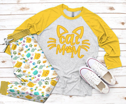 Cat I'M Cat Mom Pajama Set |Sleepwear Pjs Sets | Raglan Shirt Pants Set