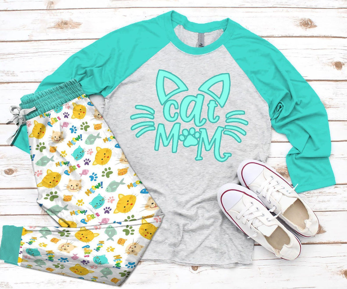 Cat I'M Cat Mom Pajama Set |Sleepwear Pjs Sets | Raglan Shirt Pants Set