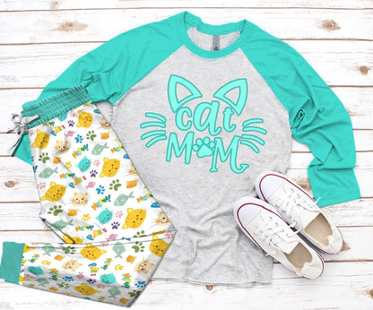 Cat I'M Cat Mom Pajama Set |Sleepwear Pjs Sets | Raglan Shirt Pants Set