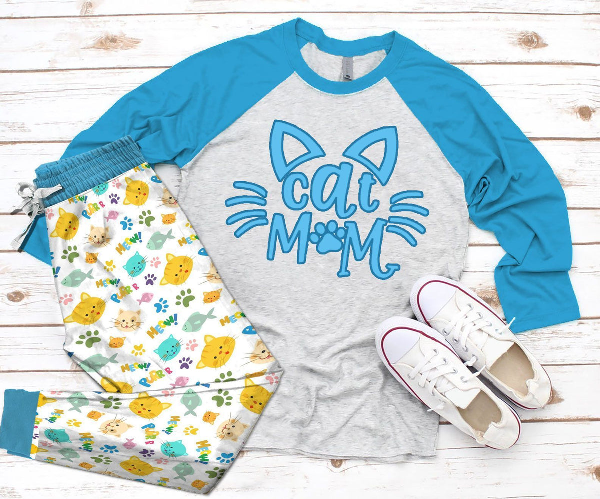 Cat I'M Cat Mom Pajama Set |Sleepwear Pjs Sets | Raglan Shirt Pants Set