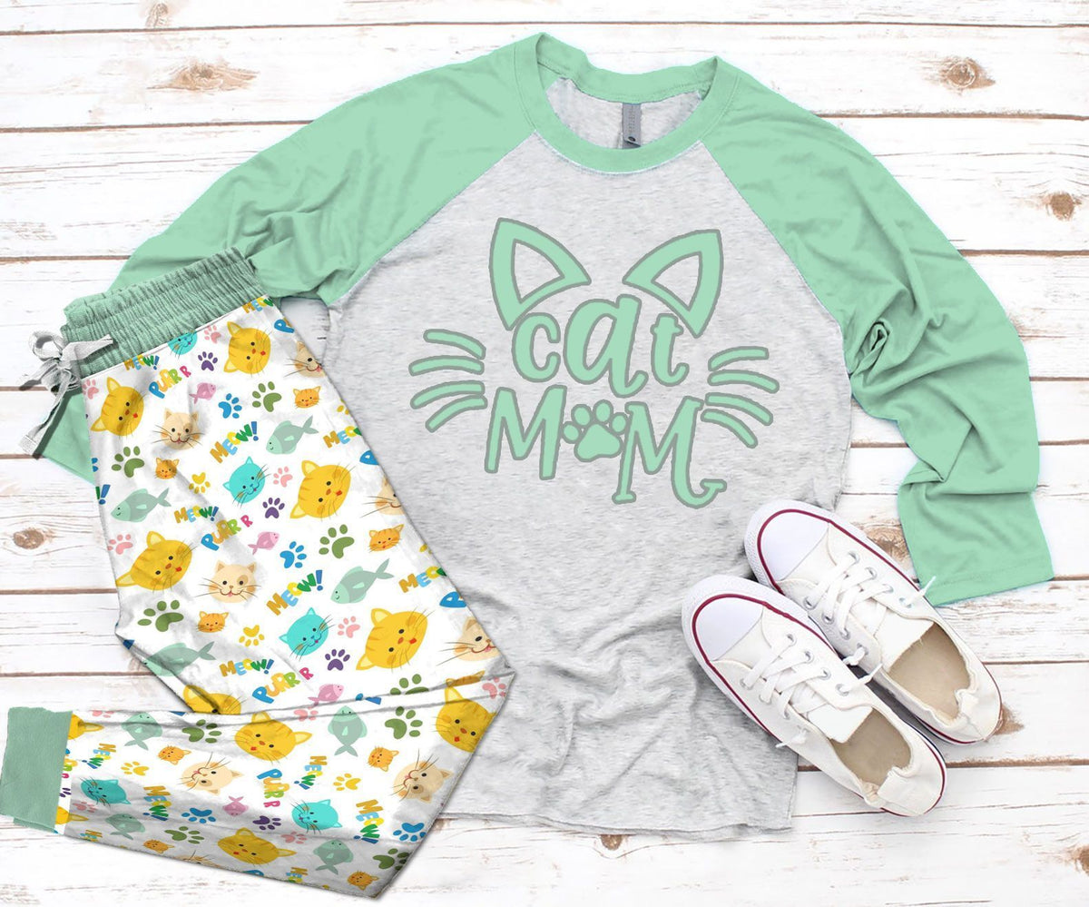 Cat I'M Cat Mom Pajama Set |Sleepwear Pjs Sets | Raglan Shirt Pants Set