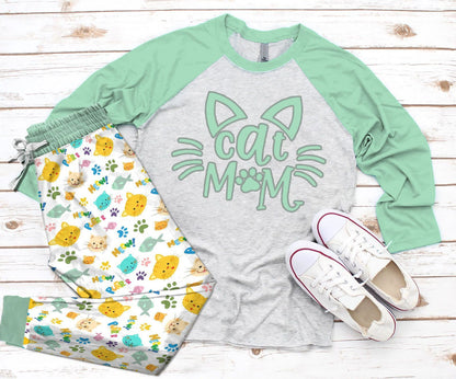 Cat I'M Cat Mom Pajama Set |Sleepwear Pjs Sets | Raglan Shirt Pants Set