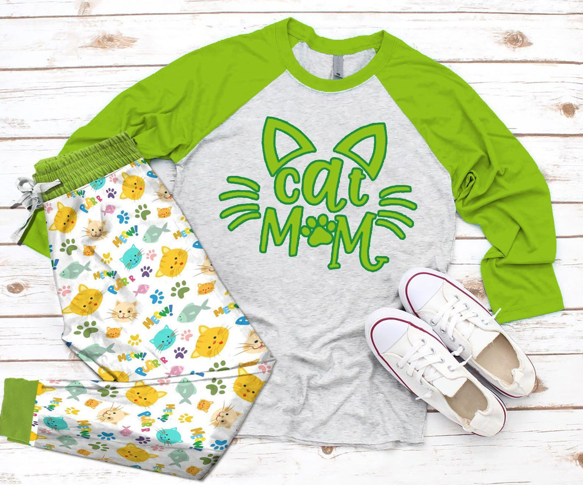 Cat I'M Cat Mom Pajama Set |Sleepwear Pjs Sets | Raglan Shirt Pants Set