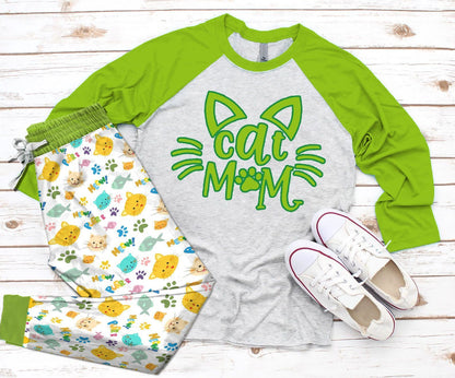 Cat I'M Cat Mom Pajama Set |Sleepwear Pjs Sets | Raglan Shirt Pants Set