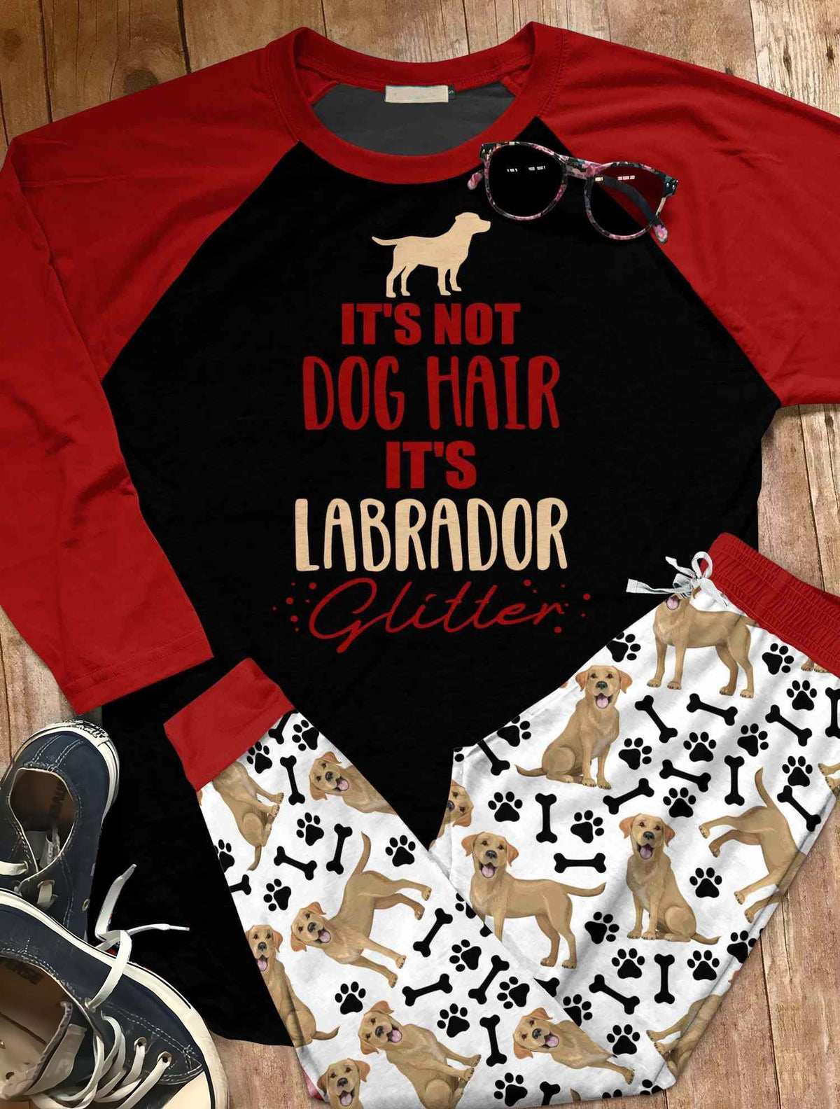 Labrador Set Yellow Labrador Glitter Pajama Set |Sleepwear Pjs Sets | Raglan Shirt Pants Set