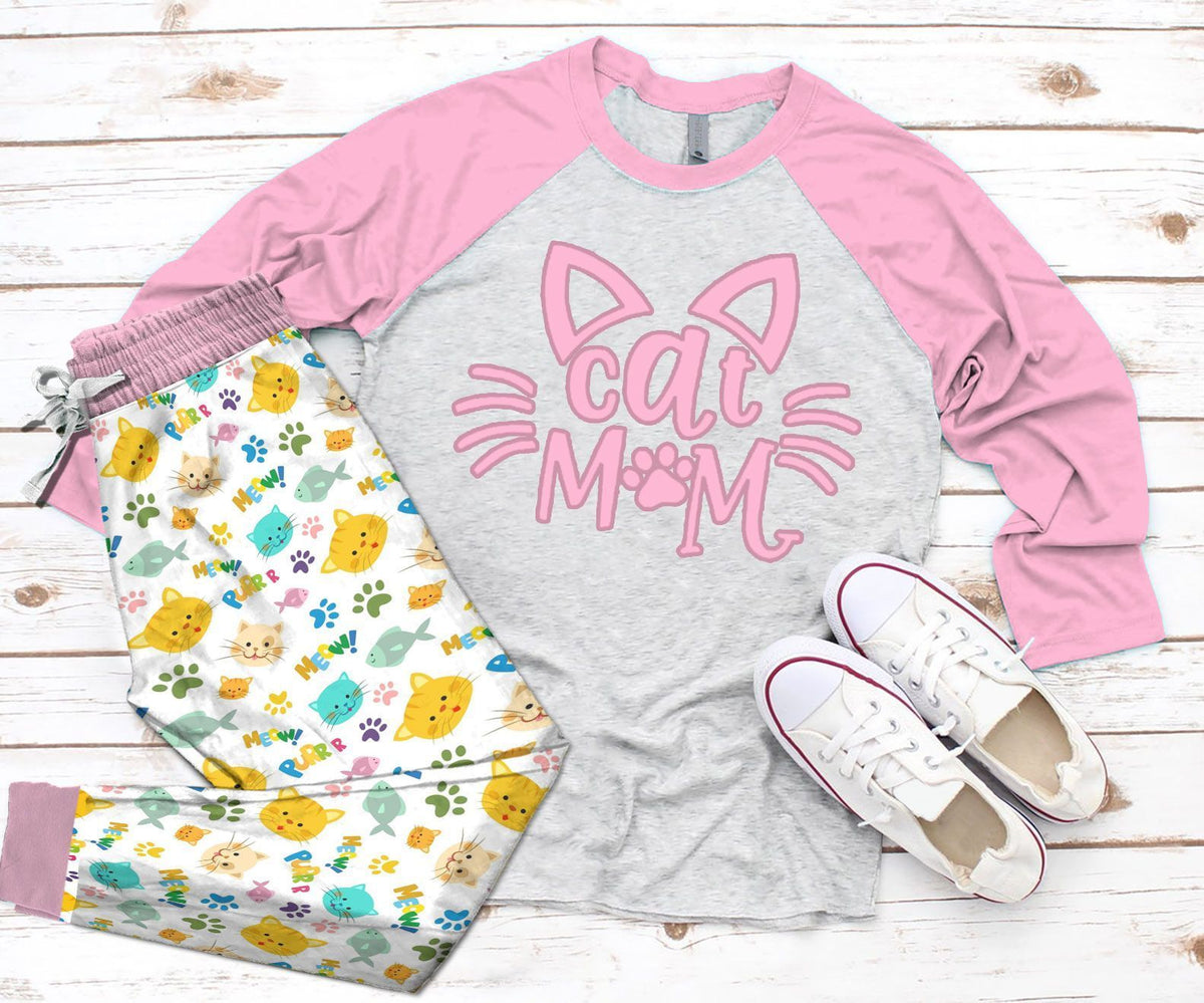 Cat I'M Cat Mom Pajama Set |Sleepwear Pjs Sets | Raglan Shirt Pants Set