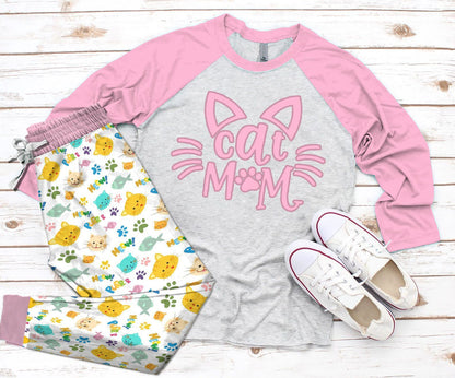 Cat I'M Cat Mom Pajama Set |Sleepwear Pjs Sets | Raglan Shirt Pants Set