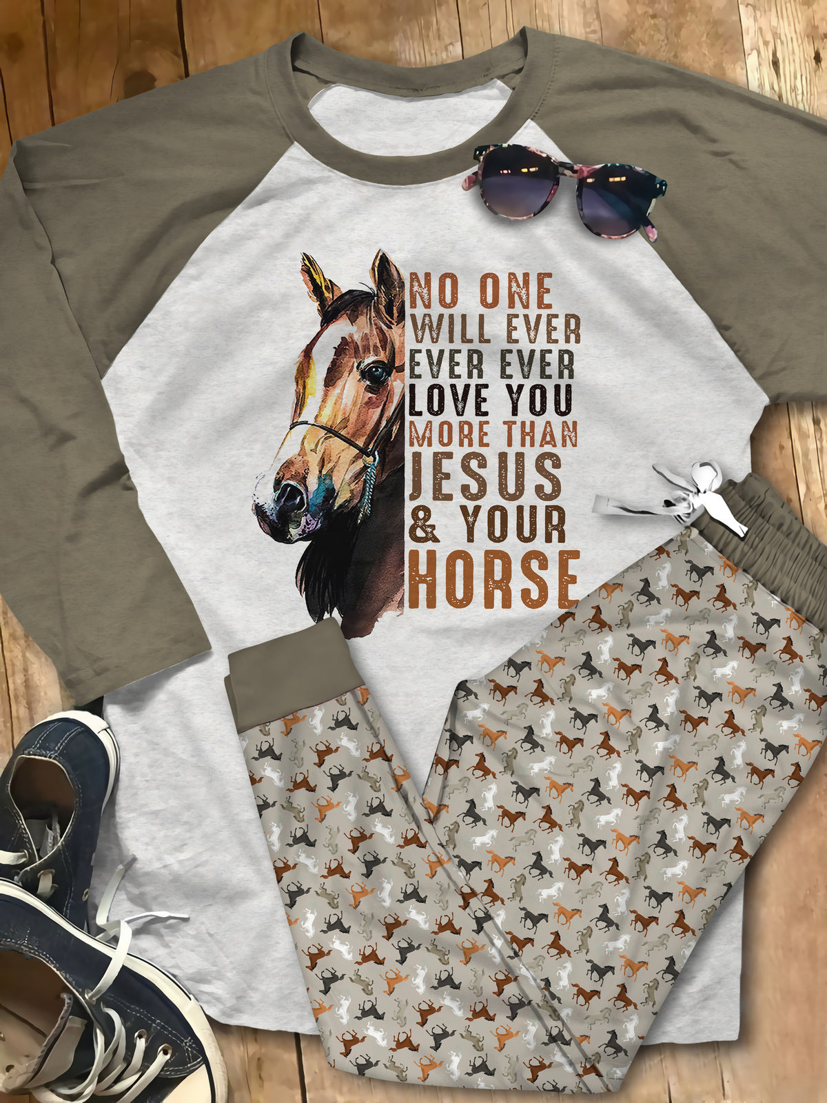 Horse No One Brown Unique Pajama Set |Sleepwear Pjs Sets | Raglan Shirt Pants Set
