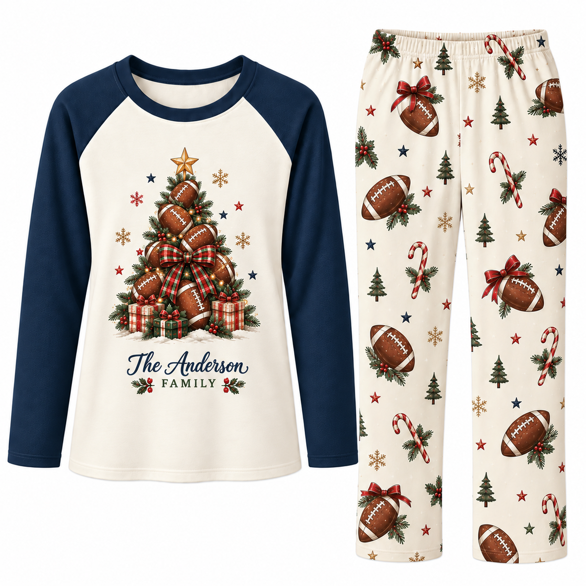 Cozy Football Christmas Tree Custom Name Matching Family Christmas Pajamas